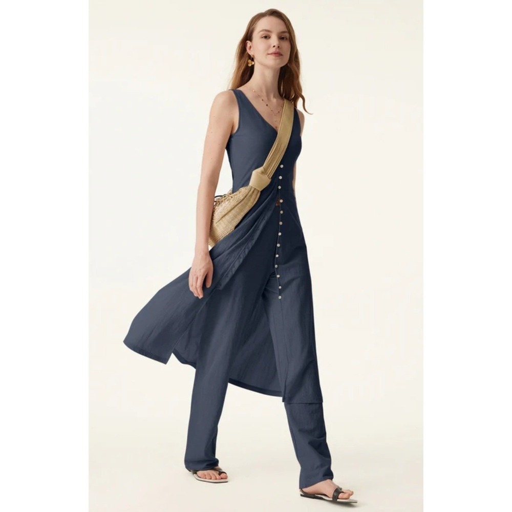 OGL Navy Blue Cotton Linen 2 Piece‎ Set V-Neck Midi Vest Dress & Pants small NEW